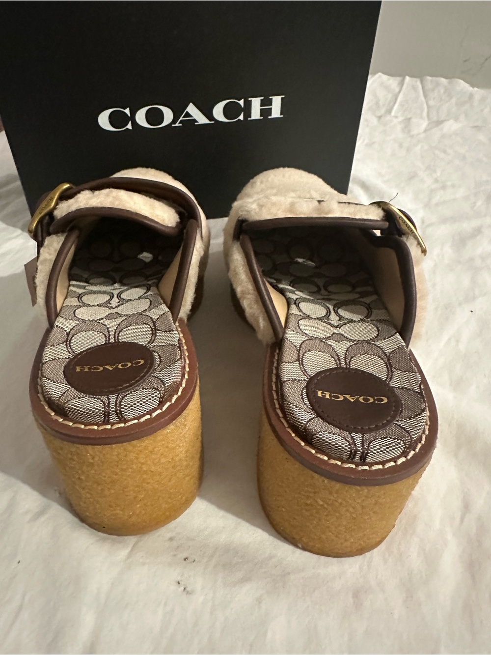 Coach Beige Shearling Clog Mules with Signature Monogram Strap - Picture 3 of 3